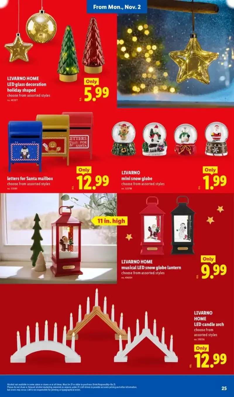 Lidl holiday home decorations featuring LED glass decorations, Santa mailboxes, candle arches, mini snow globes, and musical lanterns.