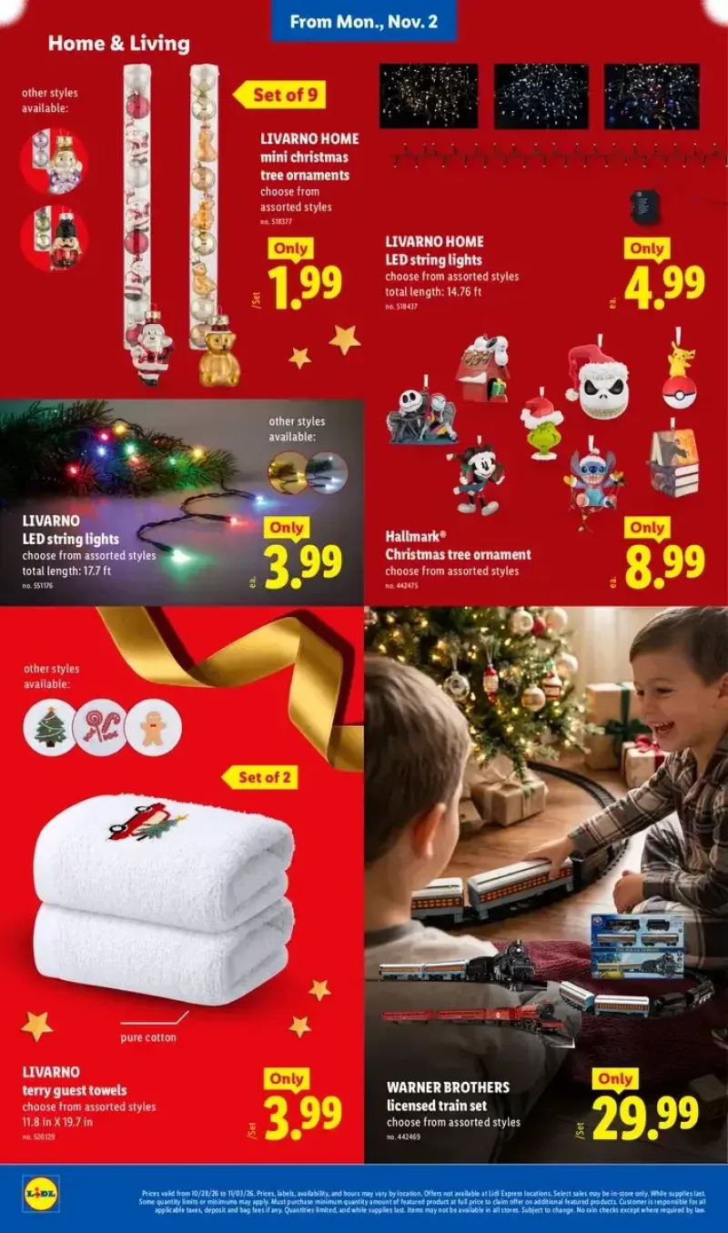Lidl home and holiday items featuring pure cotton guest towels, mini Christmas tree ornaments, LED string lights, and Hallmark ornaments.