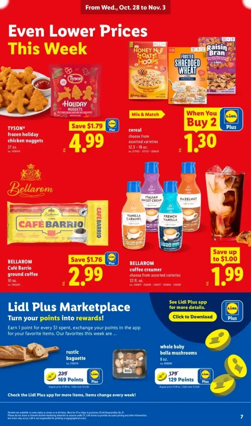 Lidl app promotion featuring weekly deals on orange rolls, cereal, Tyson chicken nuggets, coffee creamer, mushrooms, and baguettes.