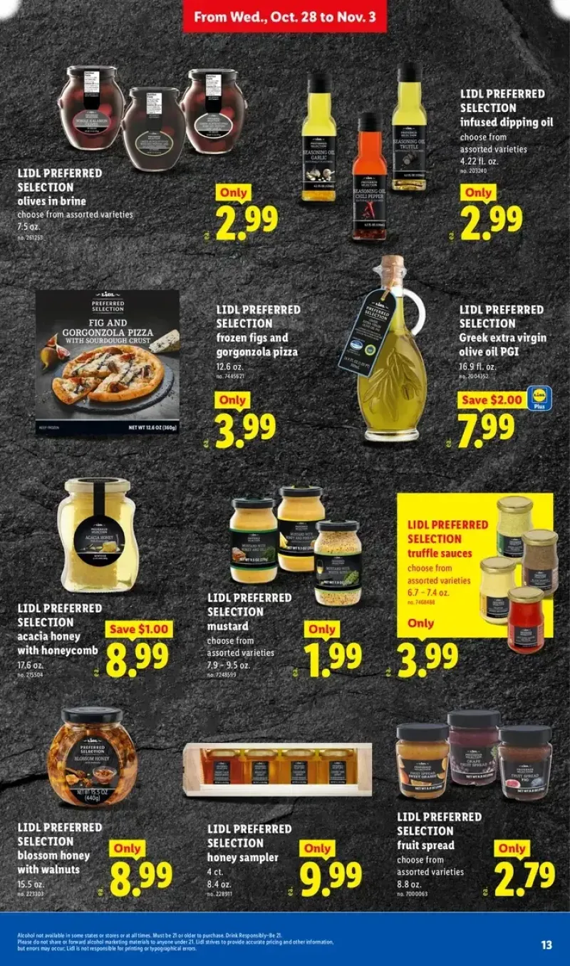 Lidl gourmet specialty food deals featuring frozen figs, Gorgonzola pizza, mustard, acacia honey, walnuts, fruit spreads, and dipping oils.