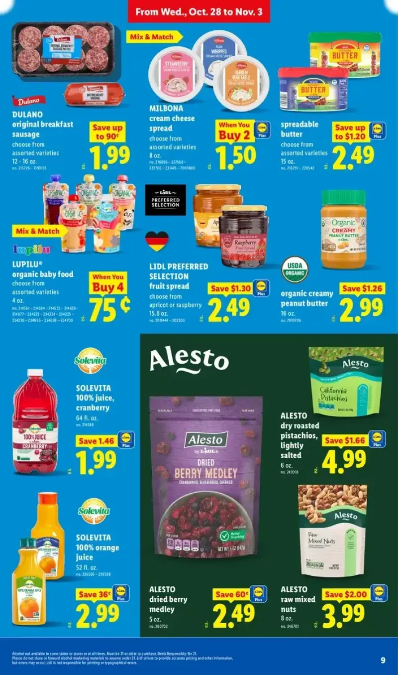 Lidl breakfast and snack deals featuring cream cheese, fruit spreads, juice, organic baby food, butter, peanut butter, sausage, and mixed nuts.