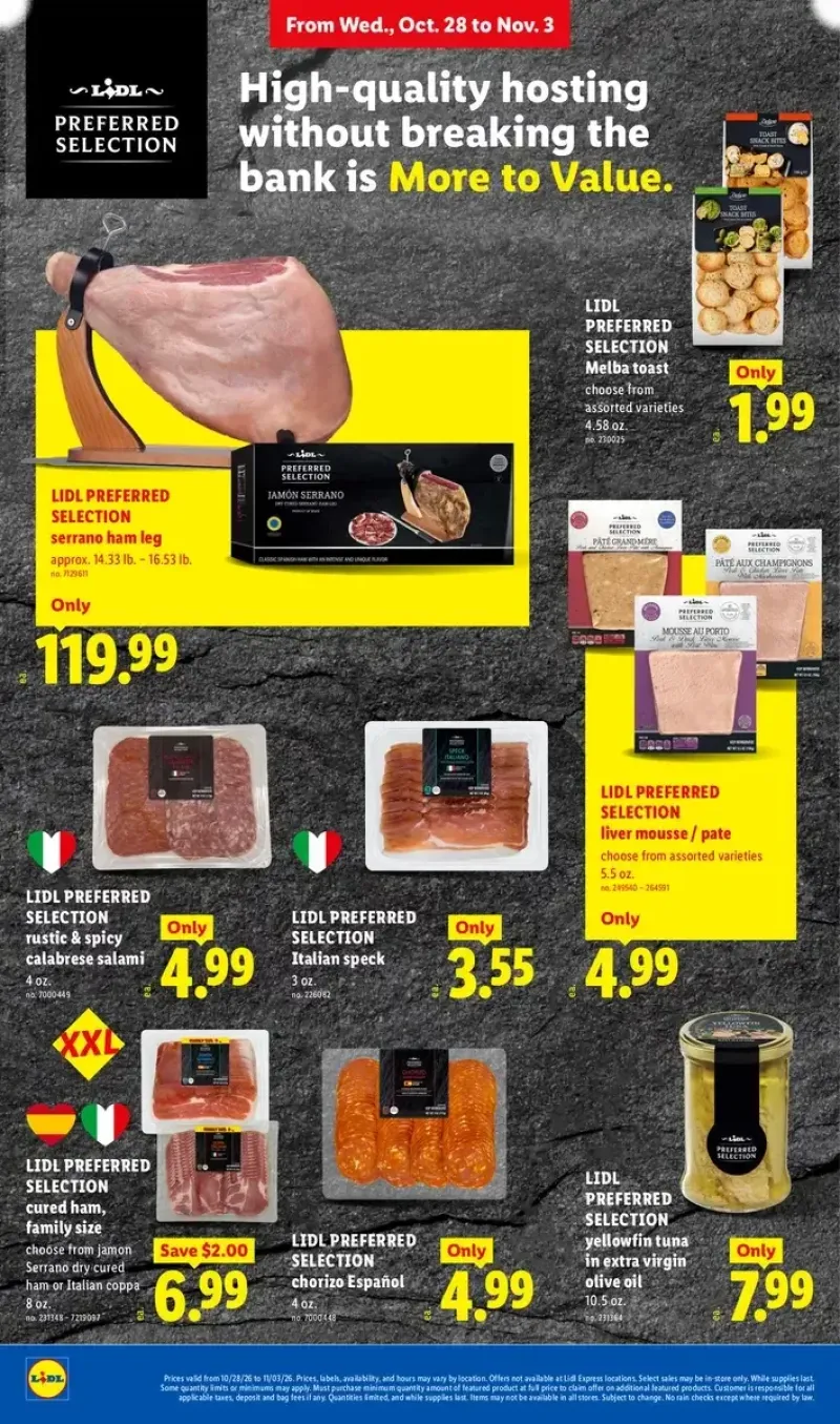Lidl charcuterie and entertaining deals featuring Serrano ham, liver mousse pâté, salami, Melba toast, chorizo, speck, and olive oil.