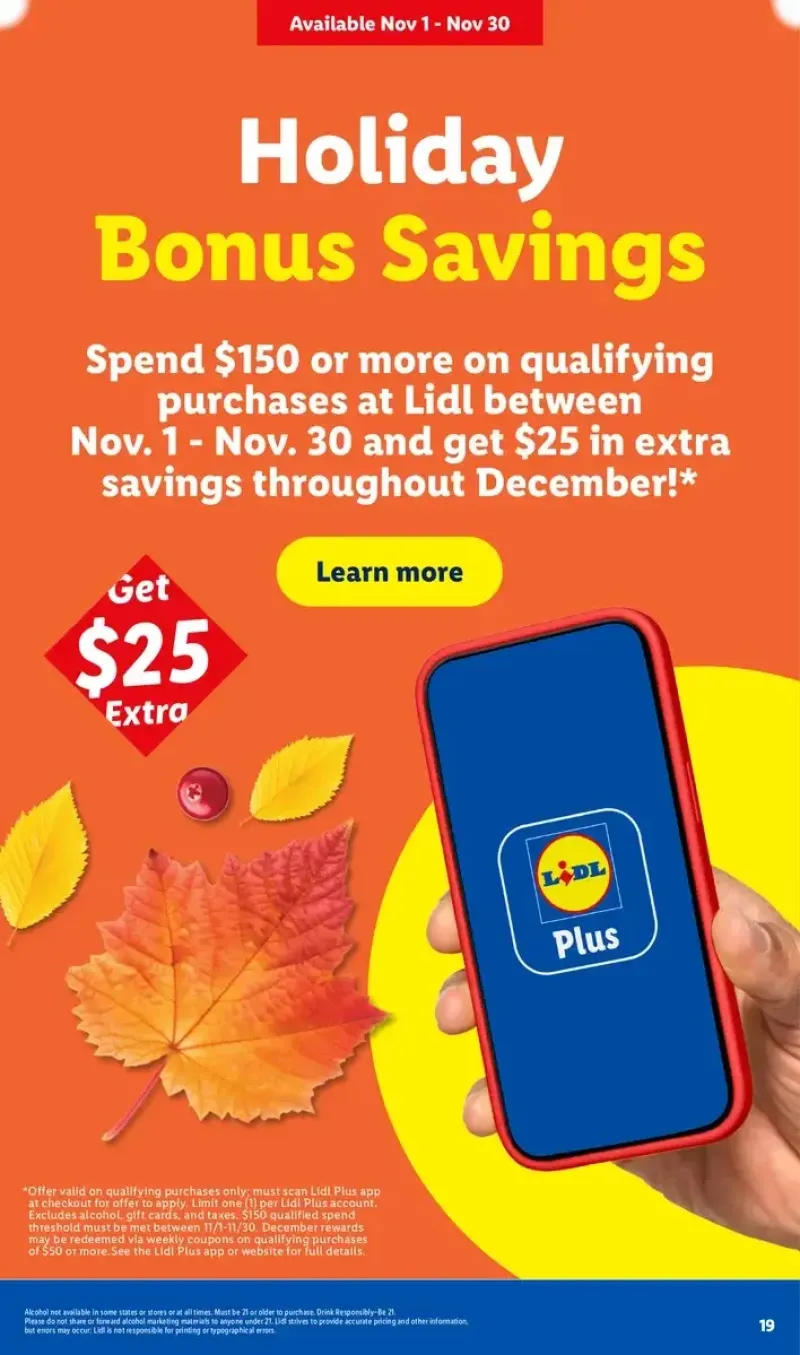 Lidl holiday bonus promotion offering extra savings in December for qualifying purchases made using the Lidl app.