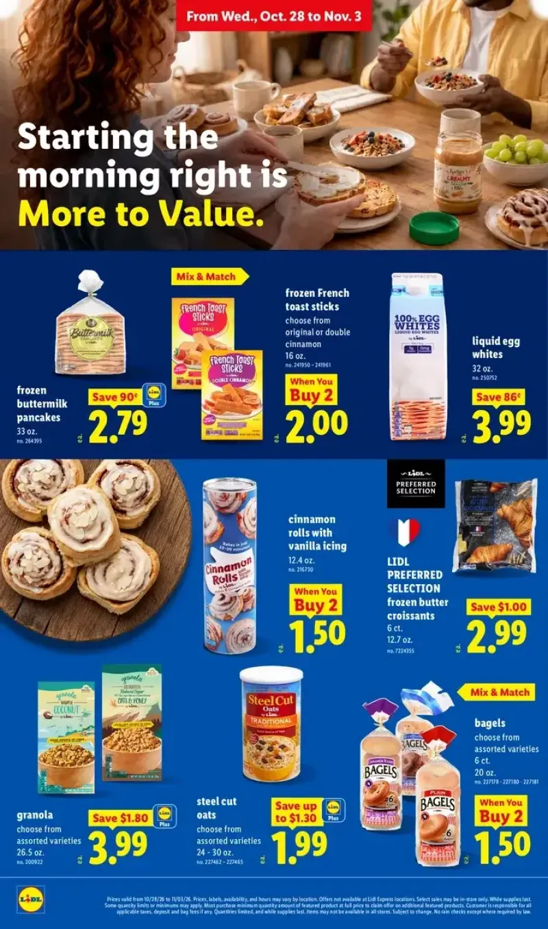 Lidl breakfast deals featuring frozen buttermilk pancakes, cinnamon rolls, butter croissants, French toast sticks, egg whites, bagels, and oats.