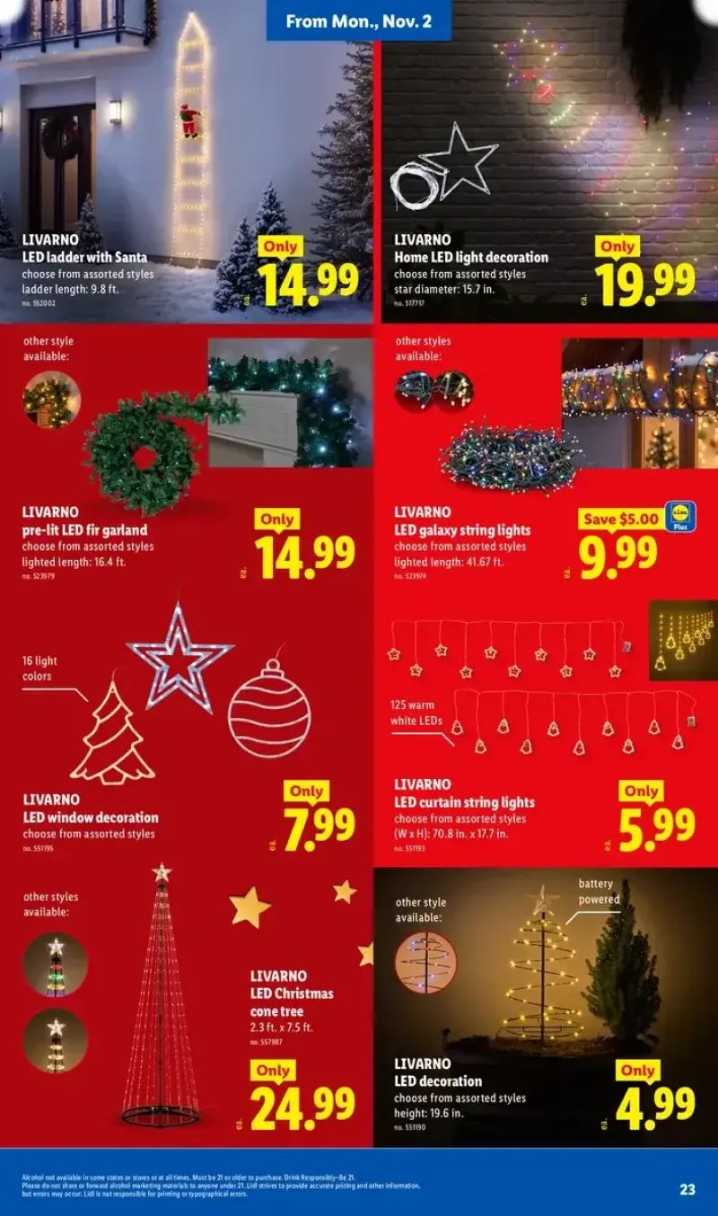 Lidl holiday lighting and decorations featuring LED ladder Santas, pre-lit fir garlands, Christmas cone trees, and string lights.