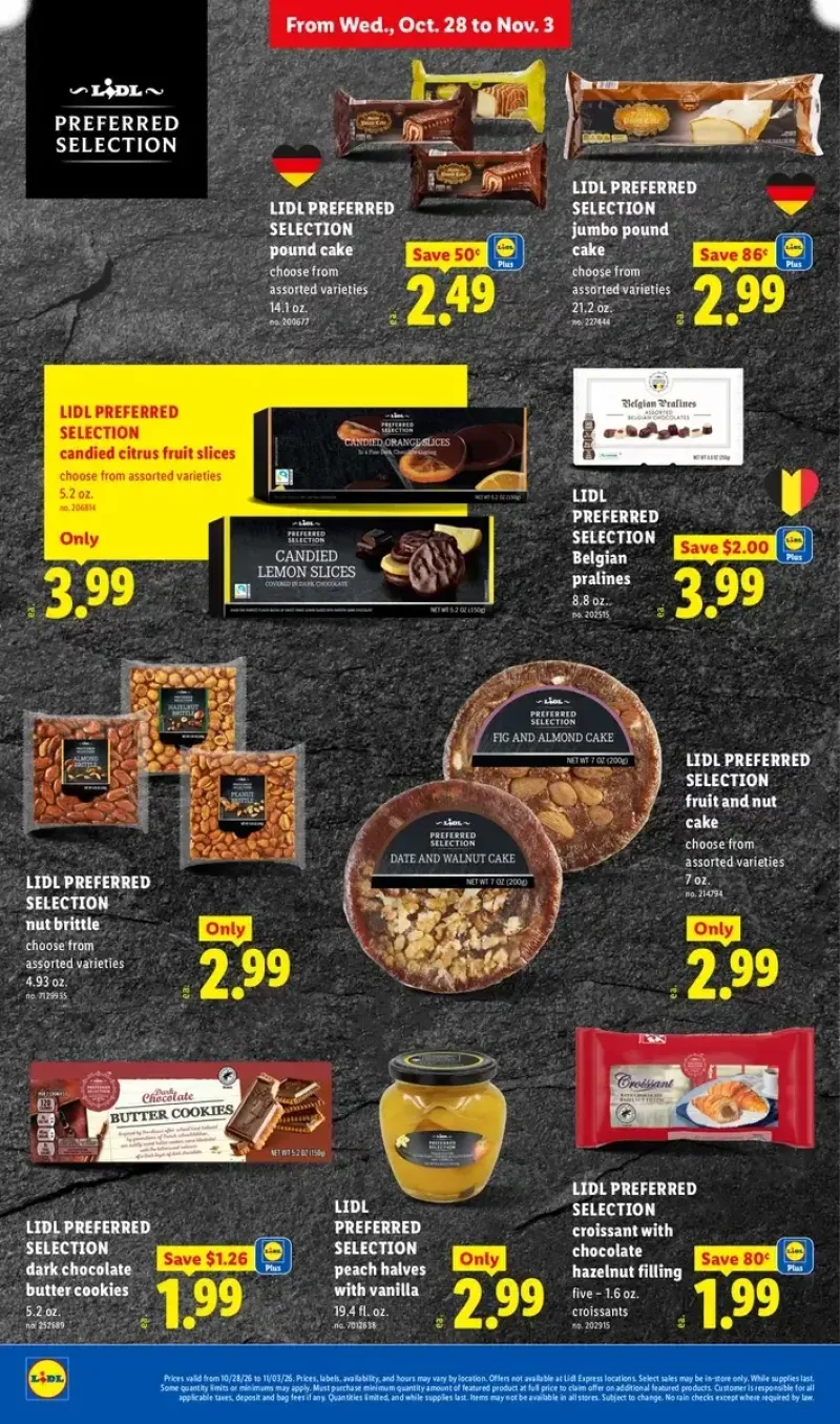Lidl holiday bakery and sweet treats featuring jumbo pound cake, nut brittle, Belgian pralines, croissants, and dark butter cookies.