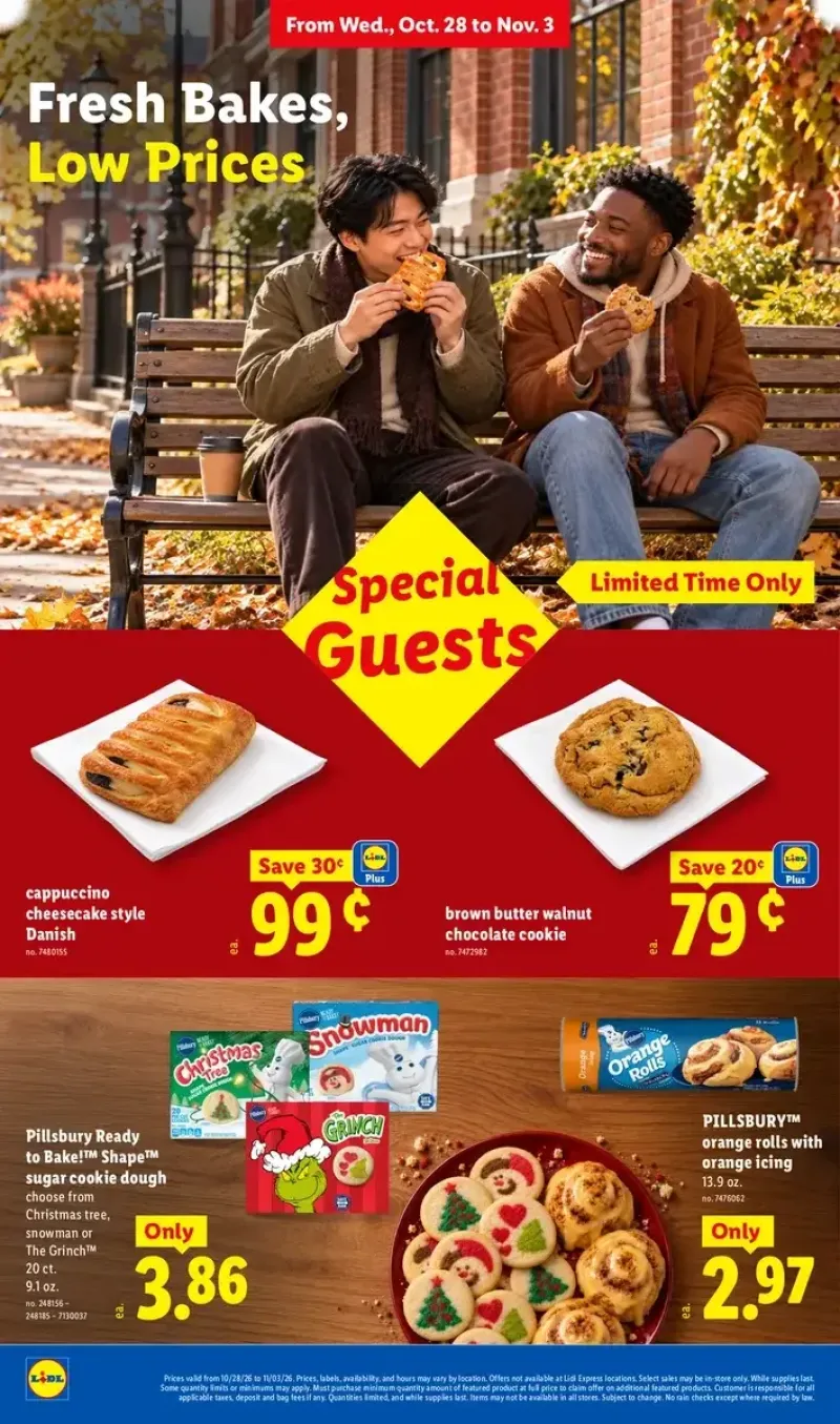 Lidl bakery and dessert deals featuring cappuccino cheesecake Danish, Pillsbury orange rolls, cookies, and holiday sugar cookie dough.