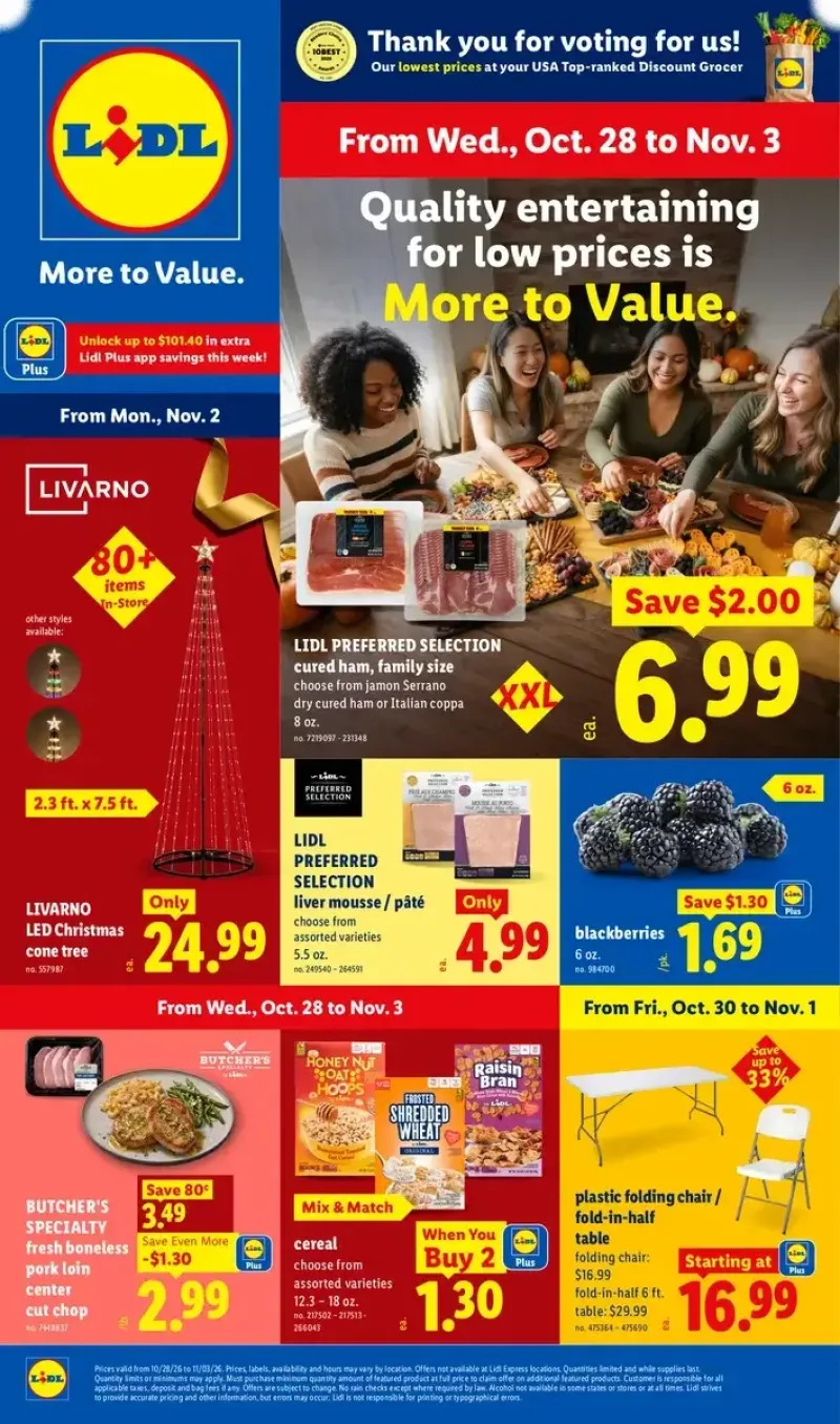 Lidl weekly flyer cover featuring holiday entertaining items, cured meats, fresh pork loin, folding furniture, and app savings.