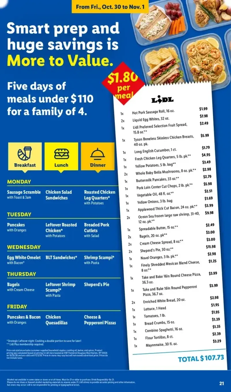Lidl weekly meal prep guide featuring a Monday-to-Friday breakfast, lunch, and dinner menu planner with estimated ingredient costs.