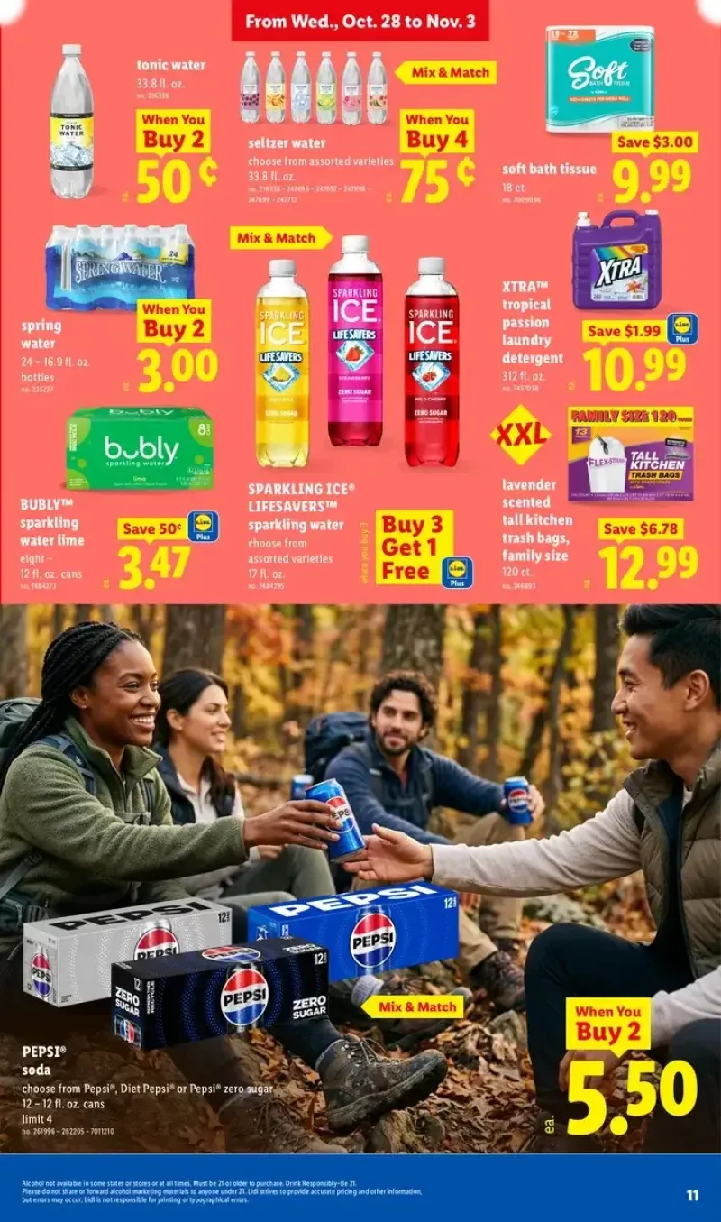 Lidl beverage and household deals featuring Pepsi soda, sparkling water, trash bags, bath tissue, laundry detergent, and bottled spring water.