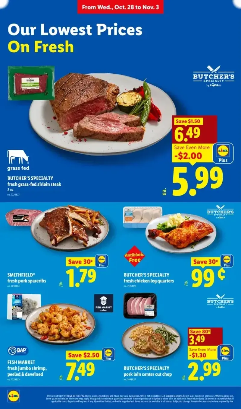 Lidl meat and seafood deals featuring fresh jumbo shrimp, chicken leg quarters, pork spareribs, and grass-fed sirloin steak.