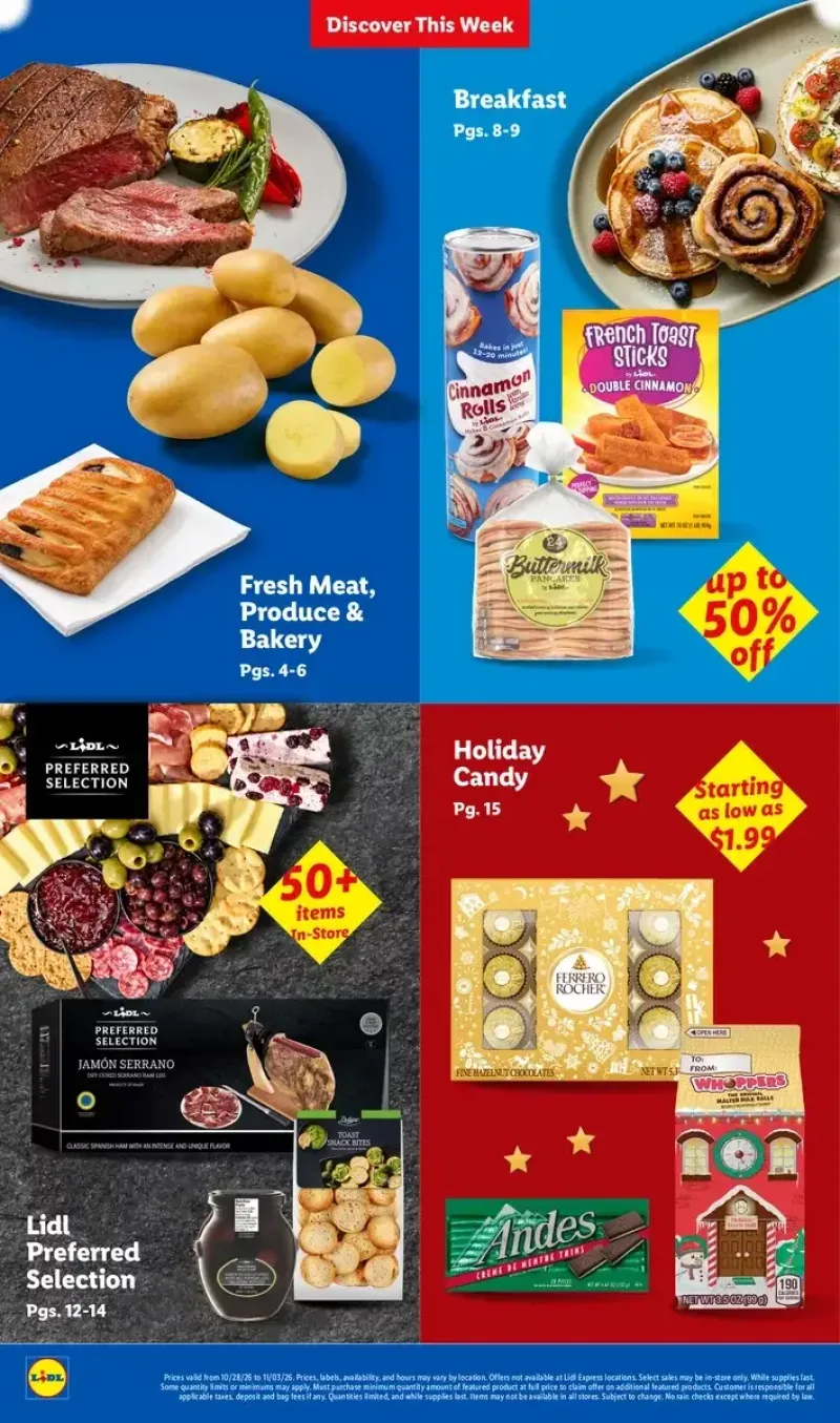Lidl weekly flyer section index highlighting fresh meat, produce, bakery, holiday candy, and breakfast deals.