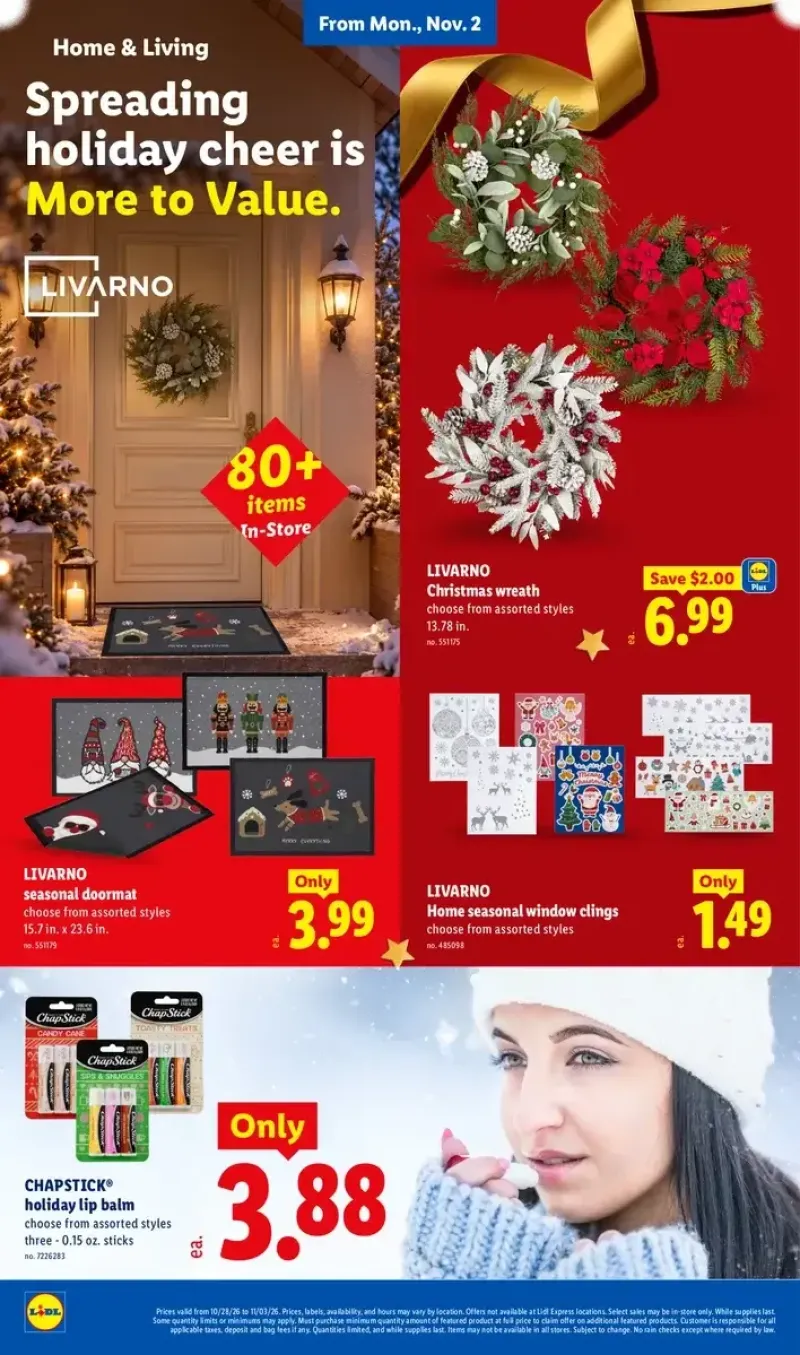 Lidl home decor and holiday items featuring seasonal doormats, Christmas wreaths, ChapStick holiday lip balms, and window clings.