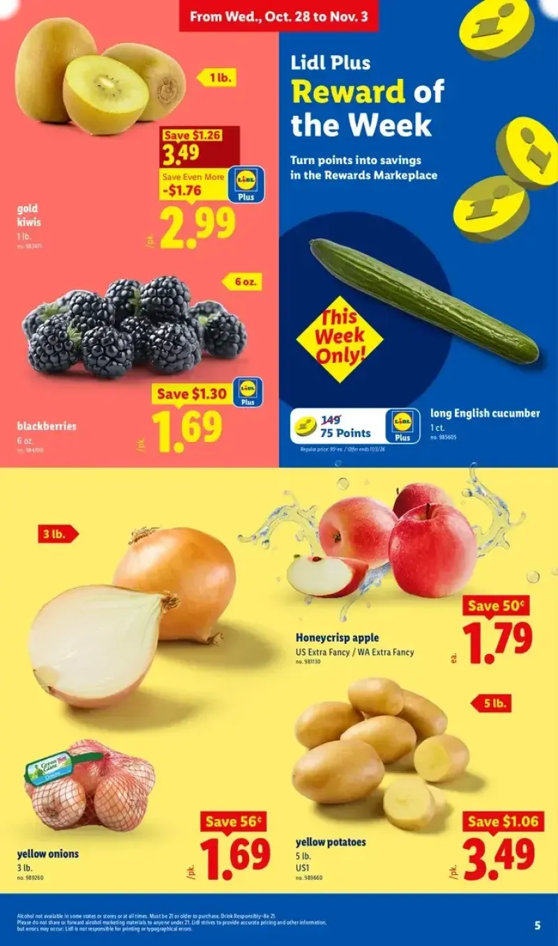 Lidl fresh produce deals featuring gold kiwis, yellow potatoes, onions, English cucumbers, blackberries, and Honeycrisp apples.