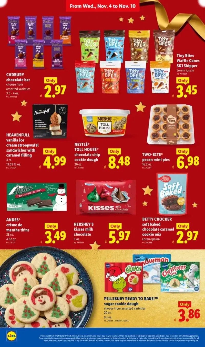 Sweet treats and cookie mixes featuring Betty Crocker cookie mix, ice cream sandwiches, and Hershey's Kisses.