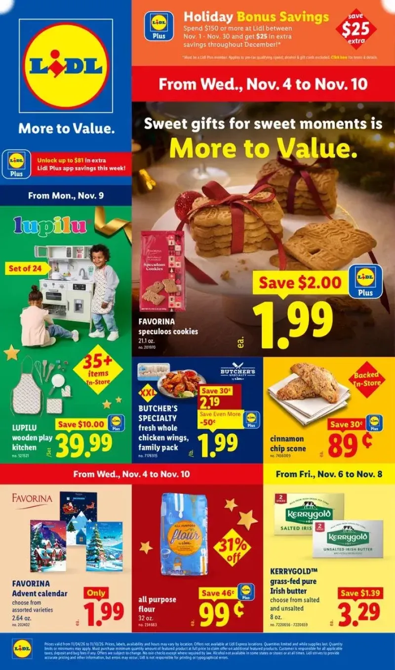 Lidl weekly flyer cover featuring holiday deals, Speculoos cookies, Kerrygold butter, and a Lupilu wooden play kitchen.