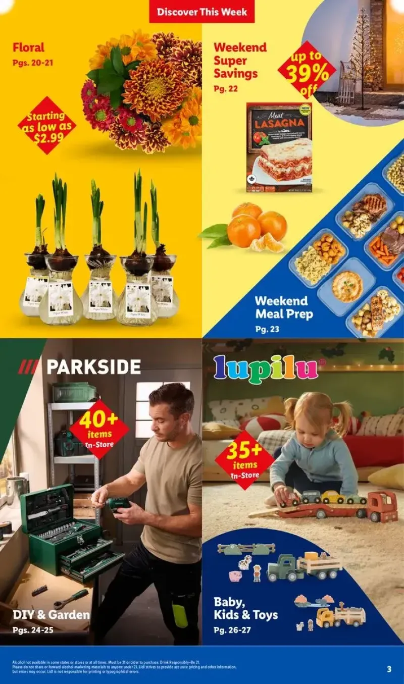 Lidl weekly flyer directory featuring floral arrangements, weekend super savings, DIY tools, and baby toys.