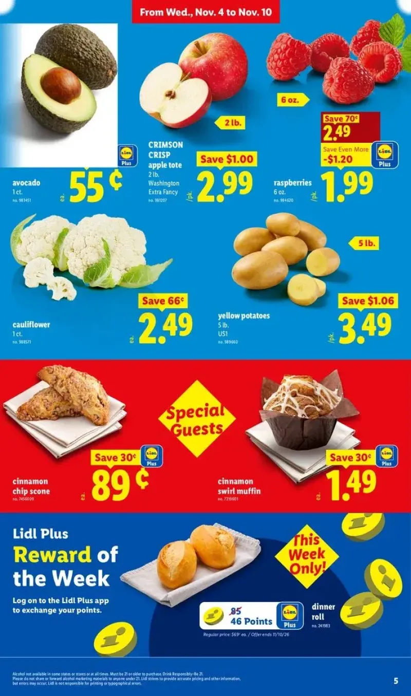 Fresh produce and bakery deals including cauliflower, yellow potatoes, raspberries, and fresh dinner rolls.
