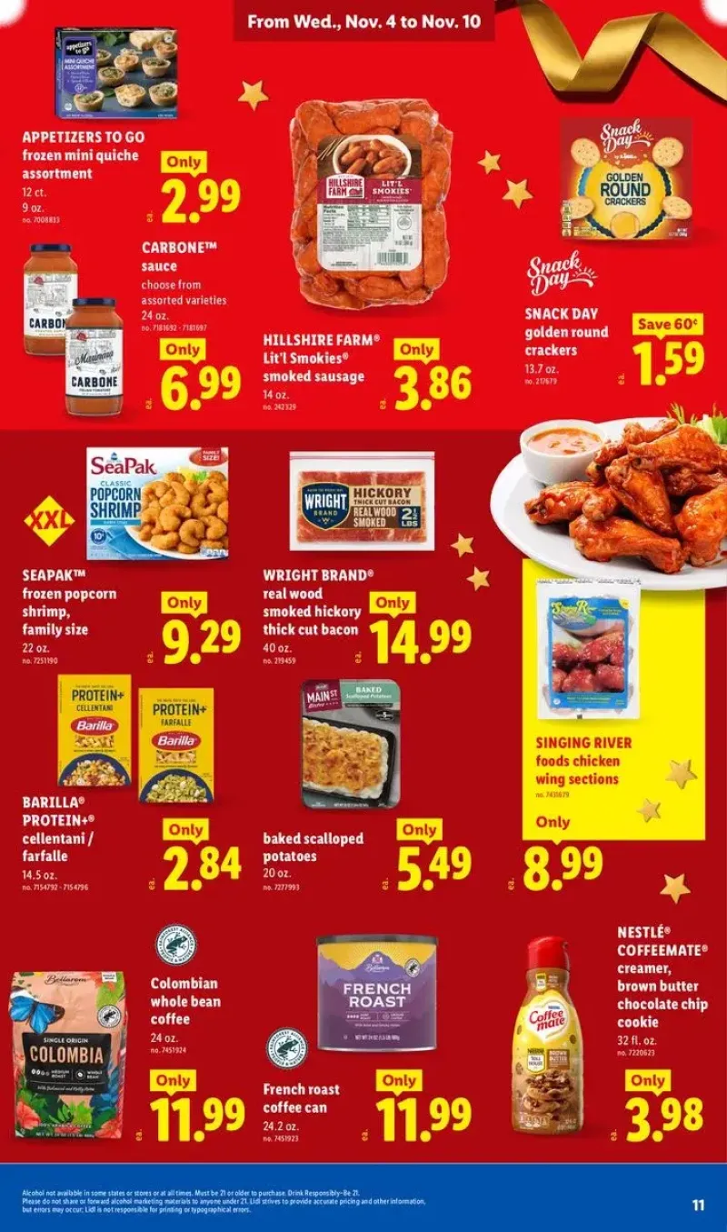 Party appetizers and grocery deals featuring popcorn shrimp, mini quiches, bacon, and Barilla protein pasta.