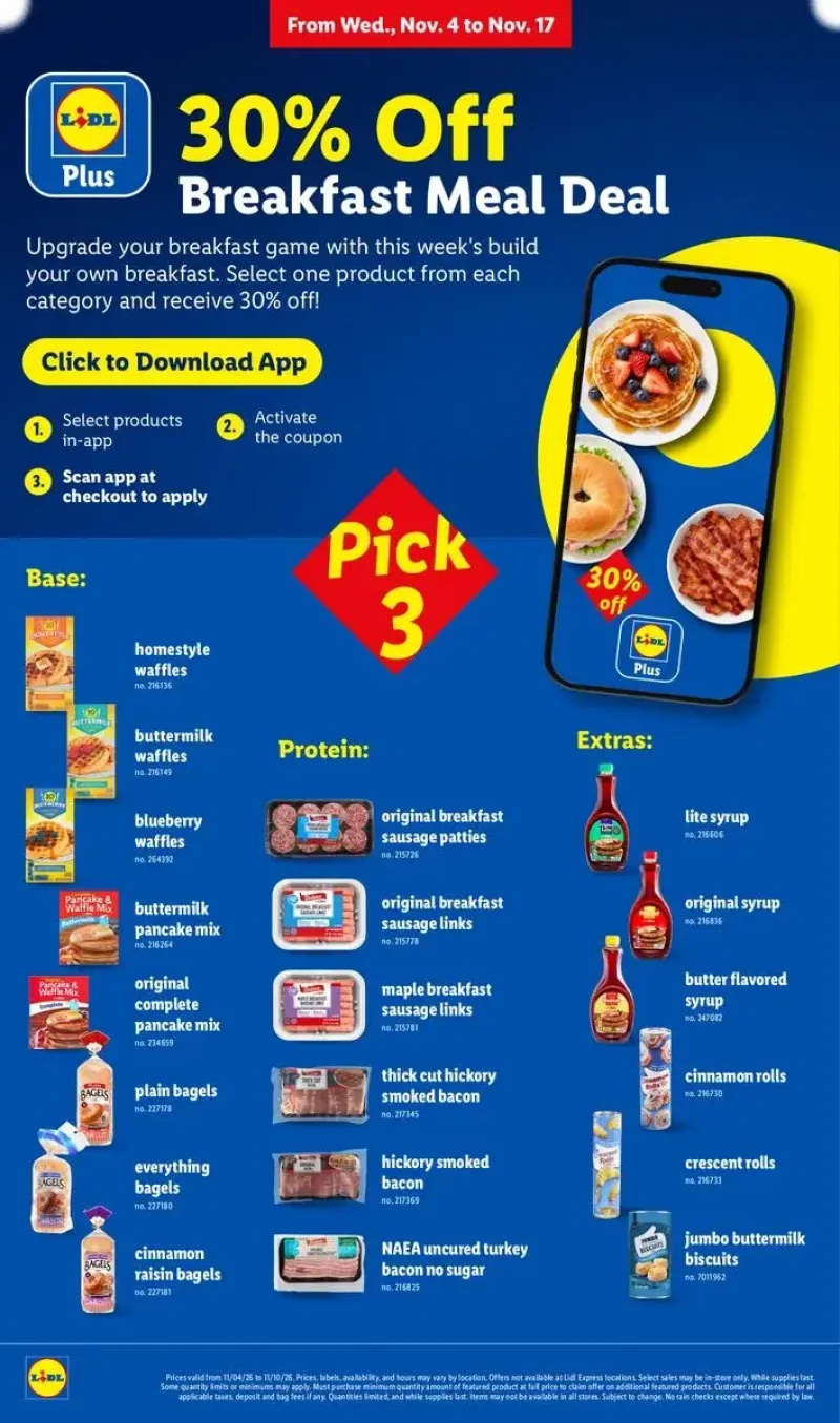 Breakfast meal deal specials featuring waffles, pancake mix, bagels, sausage, and bacon with Lidl app coupons.