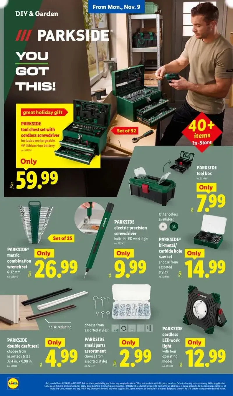 Parkside DIY and garden tools featuring wrench sets, LED work lights, and precision screwdrivers.