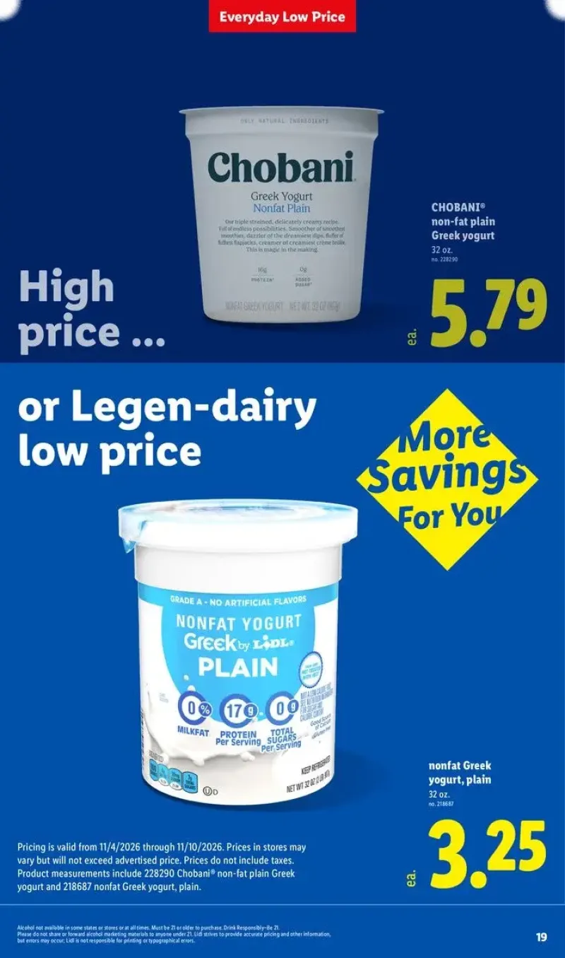 Dairy aisle savings featuring Chobani Greek yogurt and everyday low-price essentials.