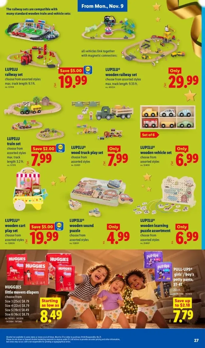 Lupilu wooden developmental toys and baby essentials featuring sound puzzles, railway tracks, and Huggies diapers.