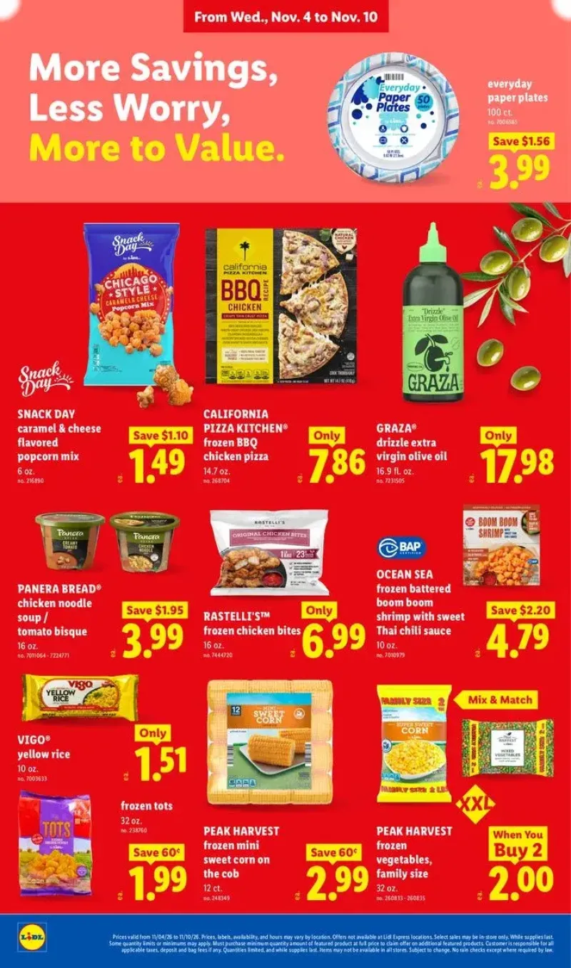 Frozen appetizers and snack deals featuring battered boom shrimp, chicken bites, Panera Bread soup, and popcorn.