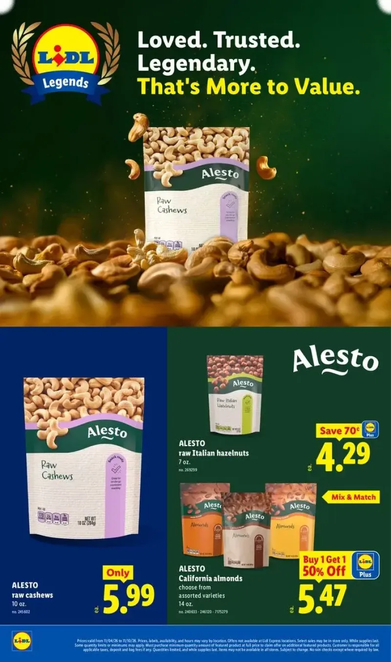 Alesto premium nuts selection featuring raw cashews, California almonds, and Italian hazelnuts.
