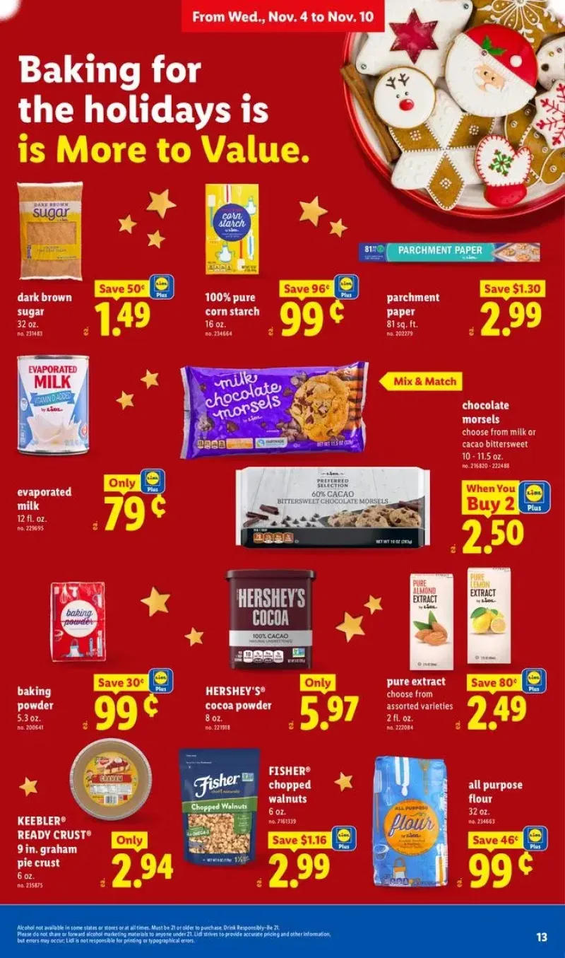 Holiday baking essentials featuring brown sugar, walnuts, pie crust, cocoa powder, and chocolate morsels.