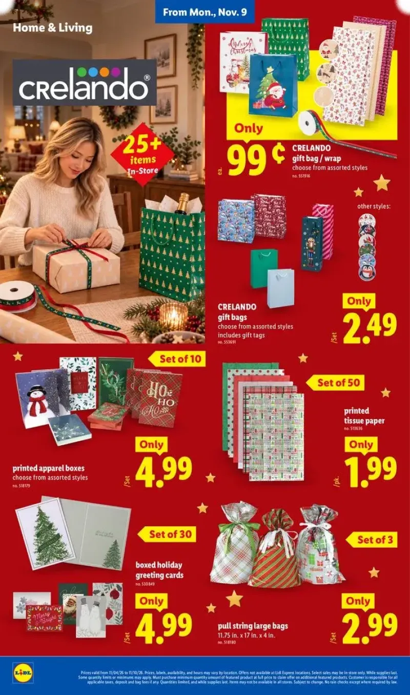 Holiday gift wrapping essentials featuring Crelando gift bags, apparel boxes, and greeting cards.