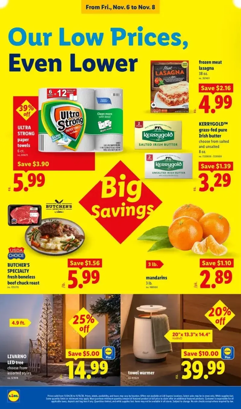 Big savings on home goods and groceries featuring Livarno LED trees, Kerrygold butter, and beef chuck roast.