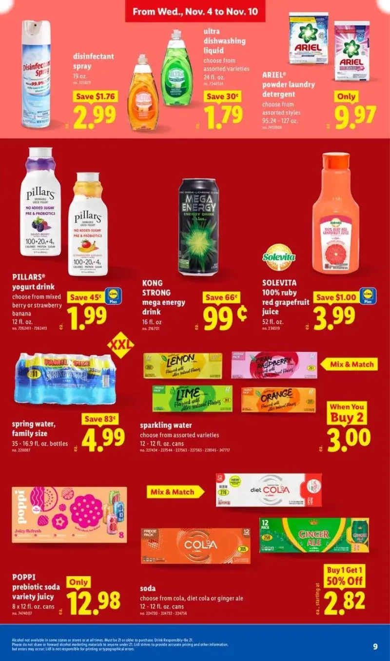 Beverage and household cleaning deals featuring Pillars yogurt drinks, Poppi soda, and laundry detergent.