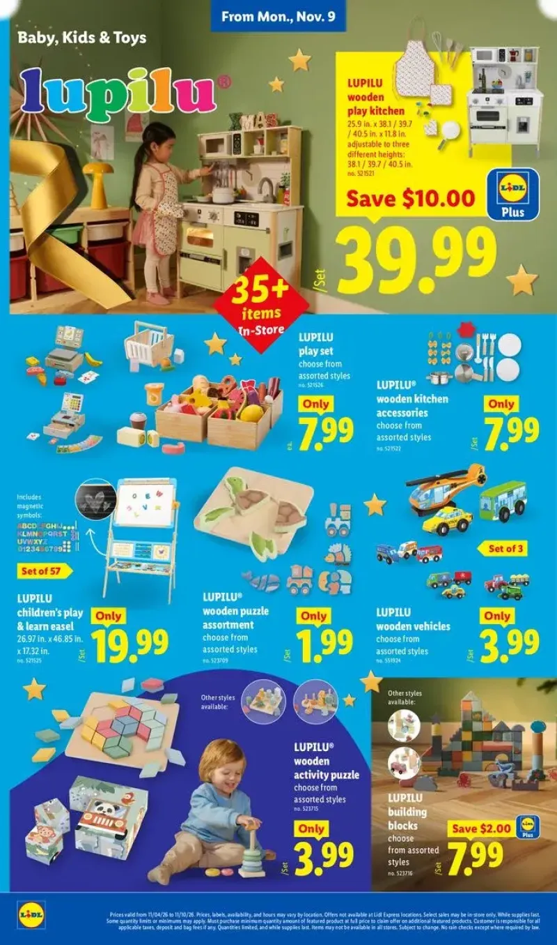 Lupilu wooden toys and kids' activities featuring a wooden play kitchen, easel set, and building blocks.