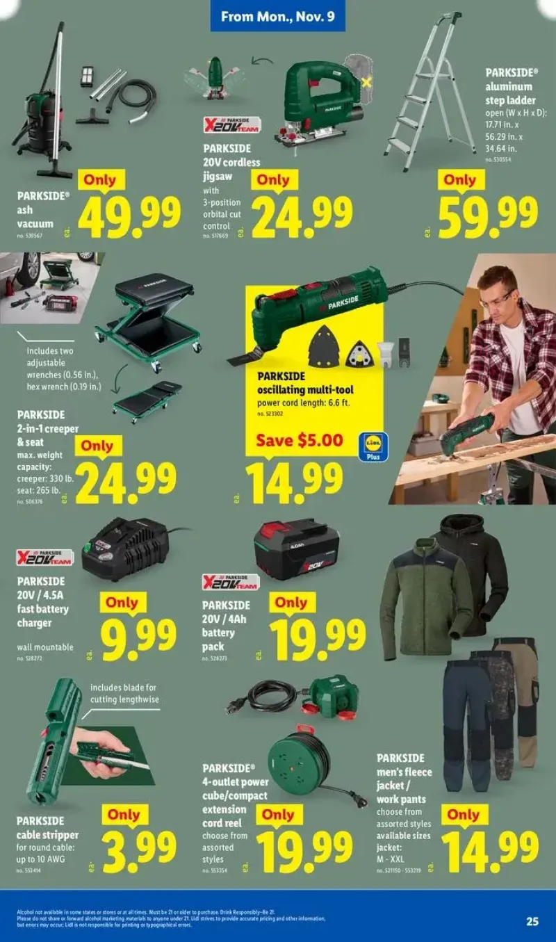Parkside workshop equipment and workwear featuring a creeper seat, cordless jigsaw, and fleece jackets.