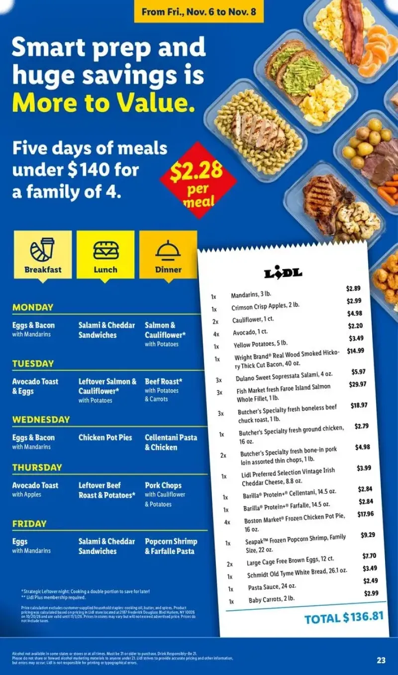 Weekly meal prep planner featuring daily recipe ideas using Lidl fresh ingredients and Kerrygold butter.