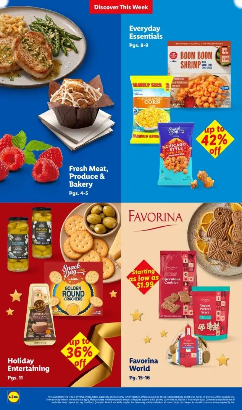 Lidl weekly flyer table of contents highlighting holiday entertaining, fresh meat, bakery, and everyday essentials.