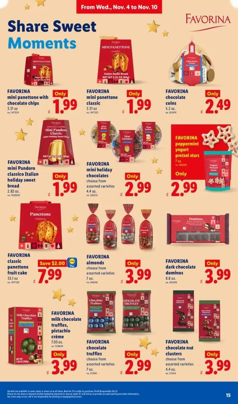 Favorina holiday sweets and chocolates featuring mini pandoro, panettone, chocolate truffles, and waffle cones.