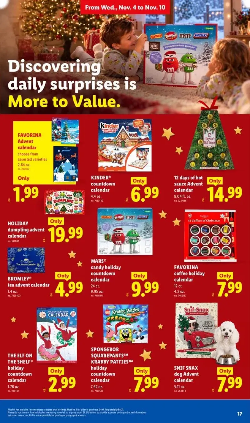Holiday countdown calendars and treats featuring Favorina advent calendars and Kinder holiday countdowns.