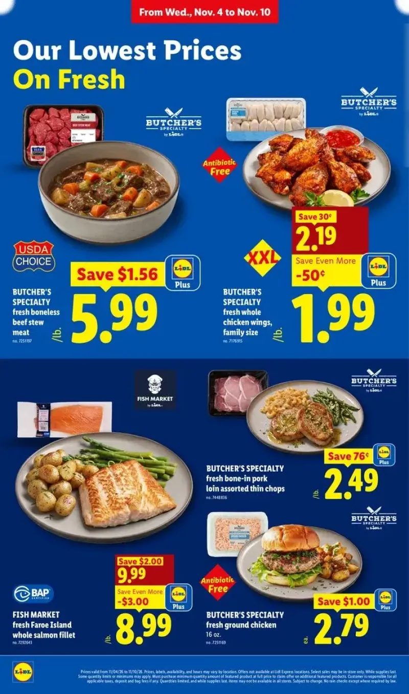 Weekly meat and seafood specials featuring fresh chicken wings, pork loin chops, and Faroe Island salmon fillets.