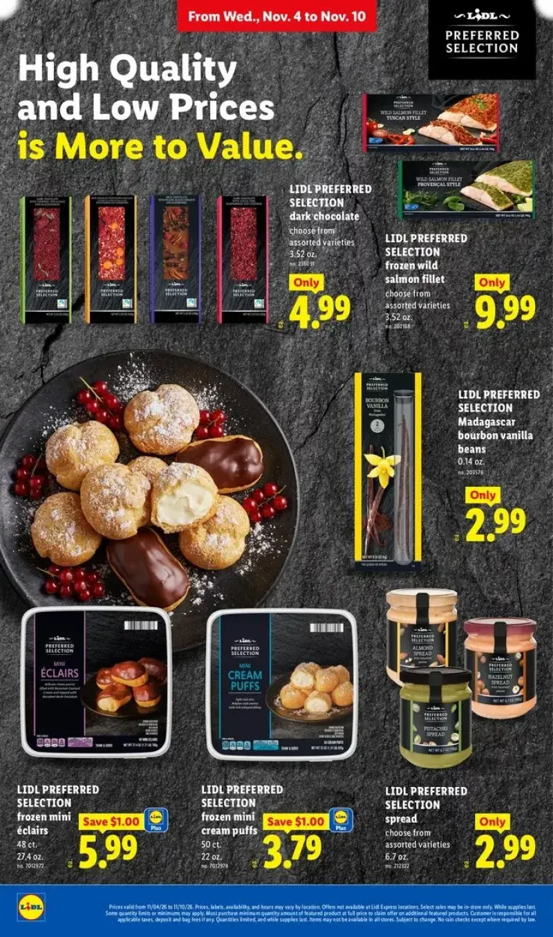 Premium frozen desserts and seafood featuring mini cream puffs, eclairs, wild salmon fillets, and vanilla beans.