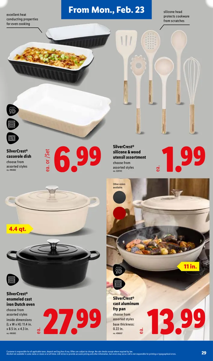 Lidl ad featuring Silvercrest cast aluminum fry pan and cookware.