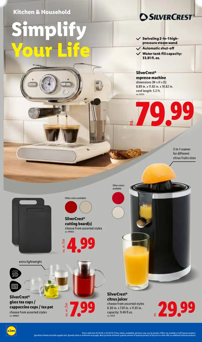 Lidl ad promoting Silvercrest espresso machine and kitchen tools.