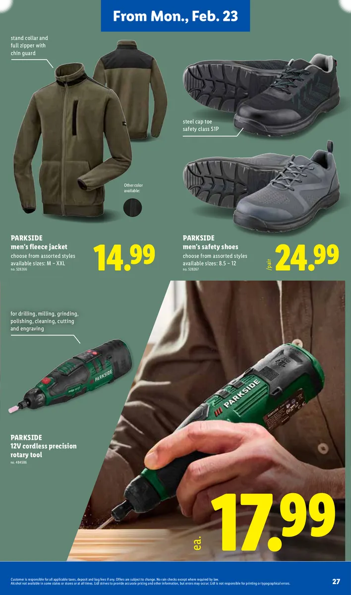 Lidl ad featuring Parkside fleece jacket and safety shoes.