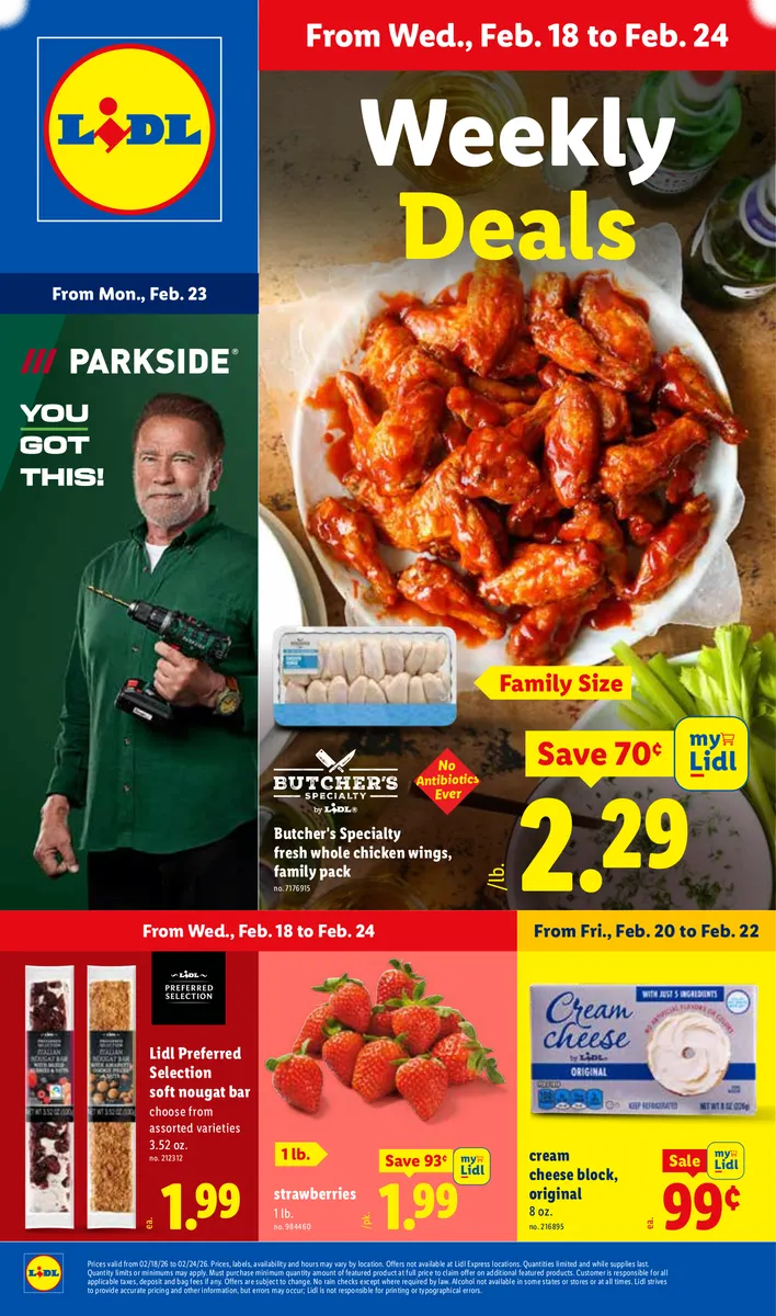 Lidl store ad featuring cream cheese, chicken wings, nougat, and strawberries.