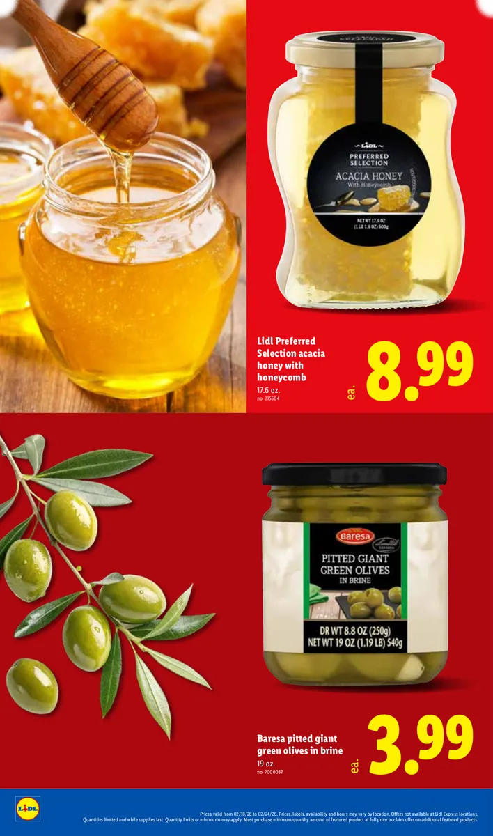 Lidl ad showcasing Lidl Preferred Selection acacia honey and giant green olives.