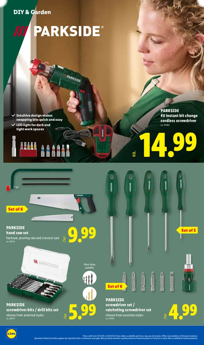 Lidl ad promoting Parkside screwdriver bits, drill set, and hand tools.