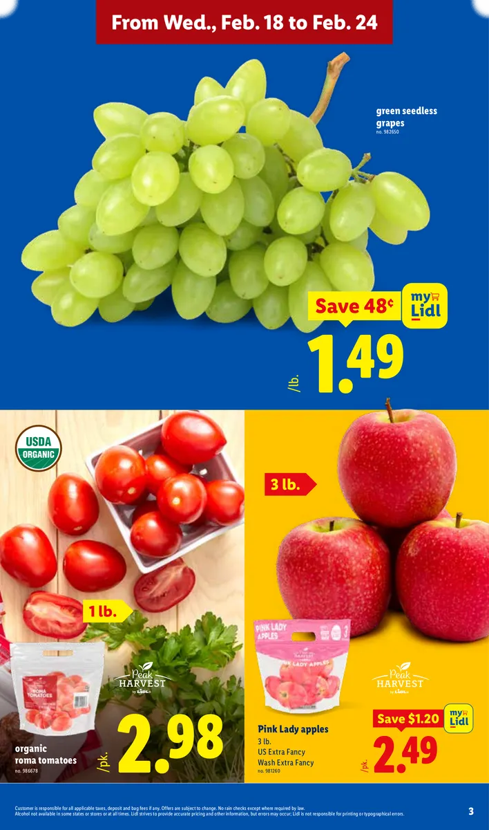 Lidl ad showcasing Pink Lady apples, organic Roma tomatoes, and green grapes.