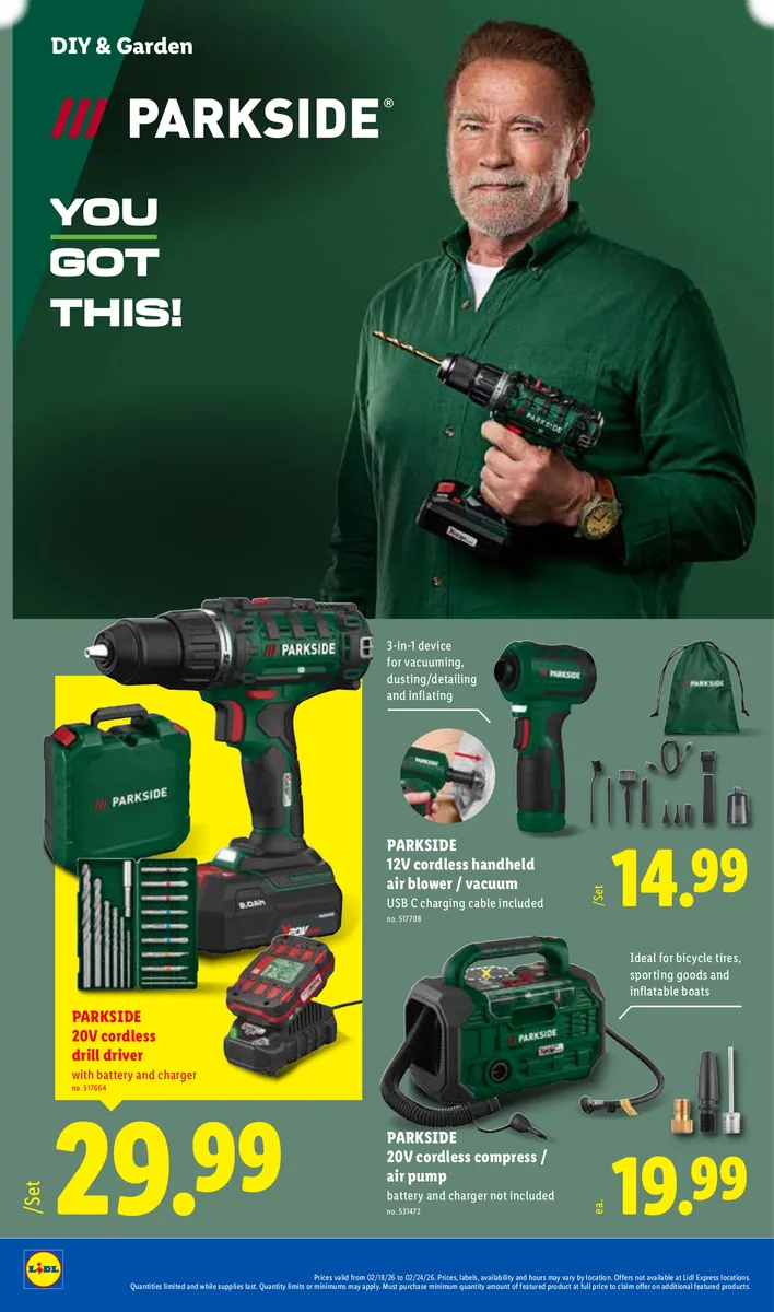 Lidl ad promoting Parkside cordless drill, air blower, and compress pump.