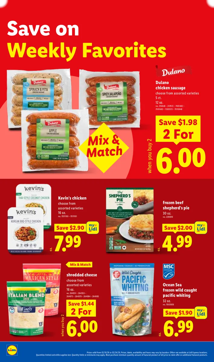 Lidl ad promoting Kevin's chicken, beef shepherd's pie, Pacific whiting, shredded cheese, and sausage.